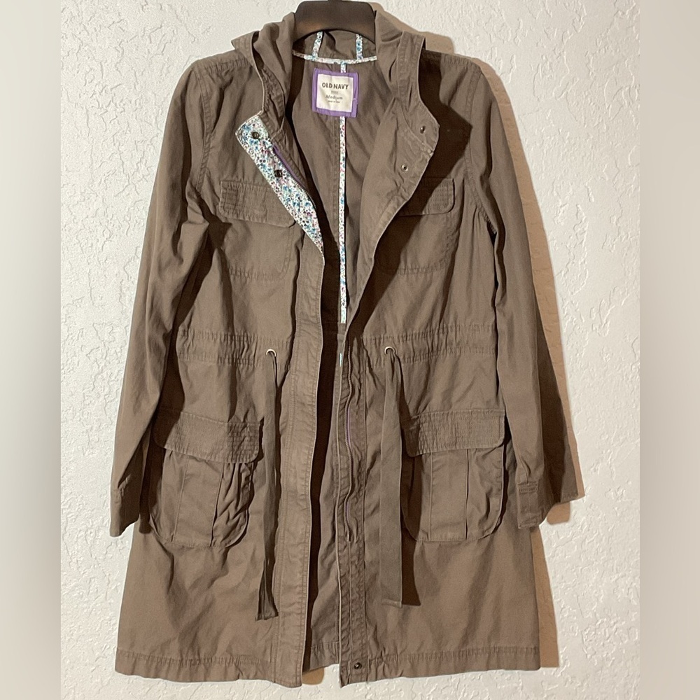 Old Navy Mid Length Chore Zip Up Barn Coat Unlined Hooded Cinch Waist Size Med